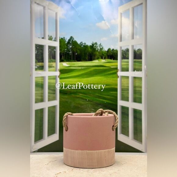 Blush Pink /Beige Ceramic Hanging Planter Pot with 21” Rope - Picture 8 of 9